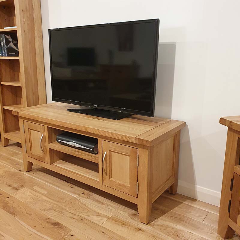medium sized media cabinet fitted with satin modern bow handle